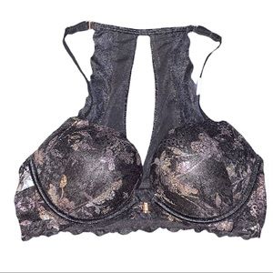 NWT Victoria Secret Pink front closure black shimmer racerback push up bra